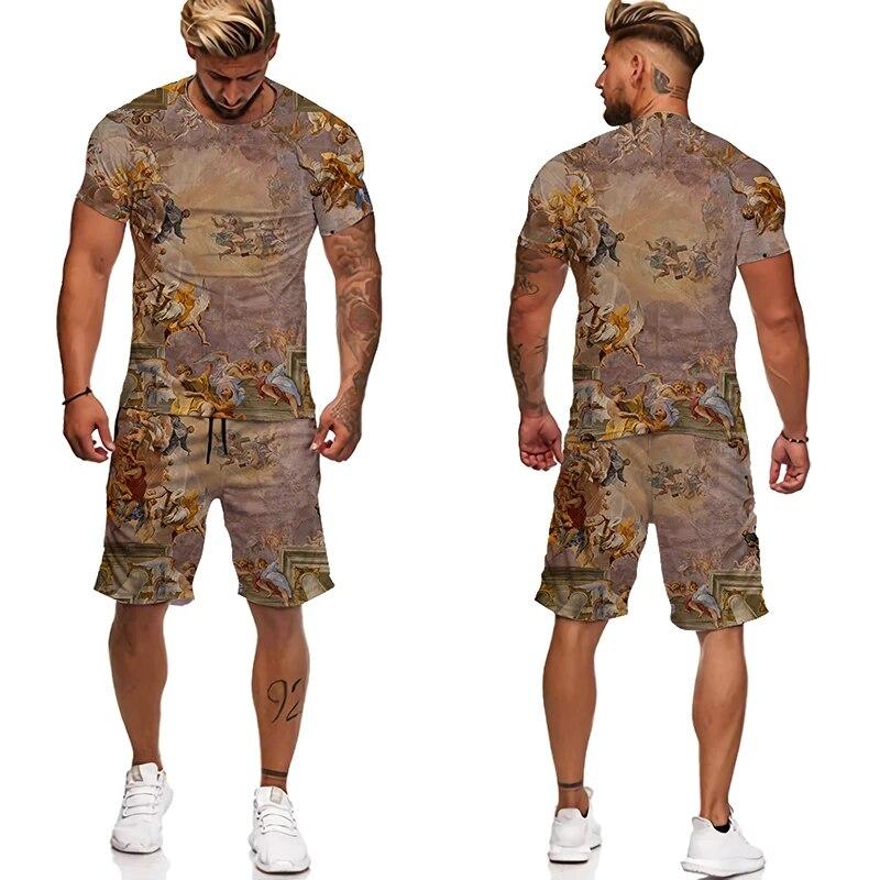Новые мужские футболки с 3D принтом, шорты, винтажный топ, мужская футболка с короткими рукавами и круглым вырезом, летние комплекты футболок большого размера, мужской спортивный костюм