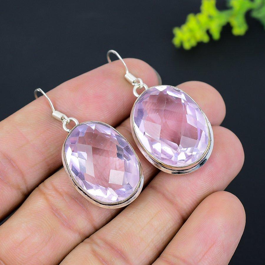 Pink Kunzite Gemstone Handmade 925 Sterling Silver Jewelry Earring 1.73" Y0f85