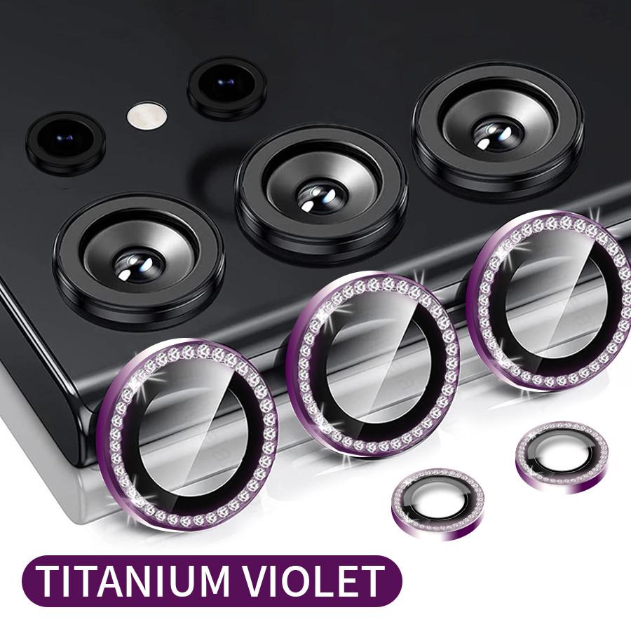 1 Set For Samsung Galaxy S24 S23 Ultra S24 S23 Plus Bling Glitter Diamond Metal Camera Lens Protector Ring with Tempered Glass