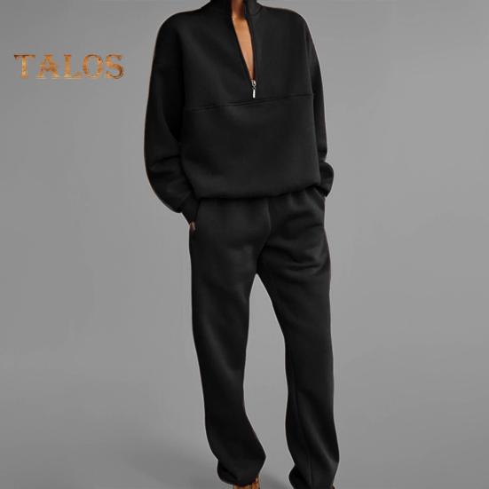 2 Pcs/Set Women Top Pants Set Half Zipper High Collar Long Sleeve Thickened Sweatshirt Stretchy Waist Ankle-banded Trousers Sport Fitness Tracksuit