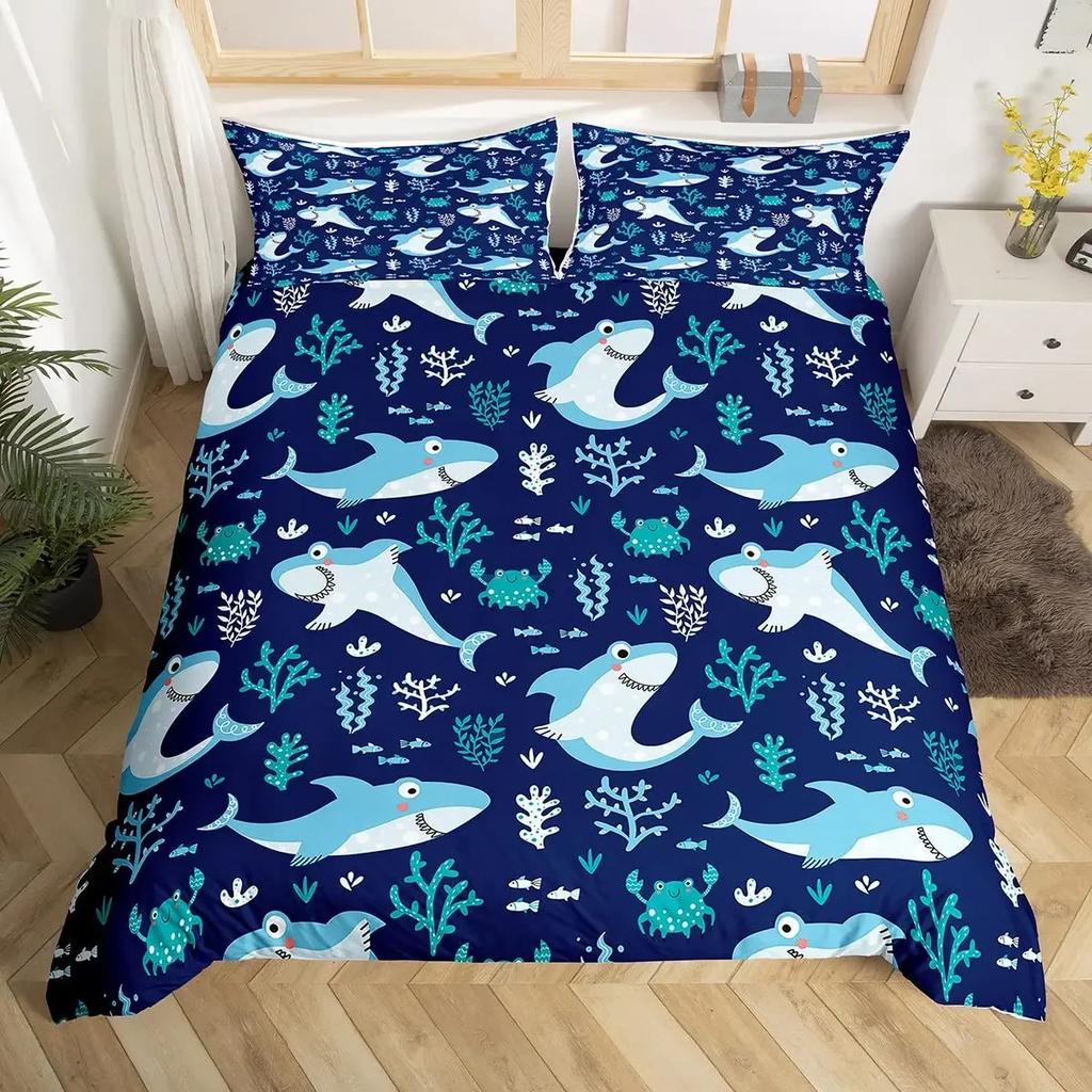 Shark Fish Print Bedding Set Cute Underwater Animal Duvet Cover Set Wonderful Gifts For Children Teens Adult Comforter Cover Set