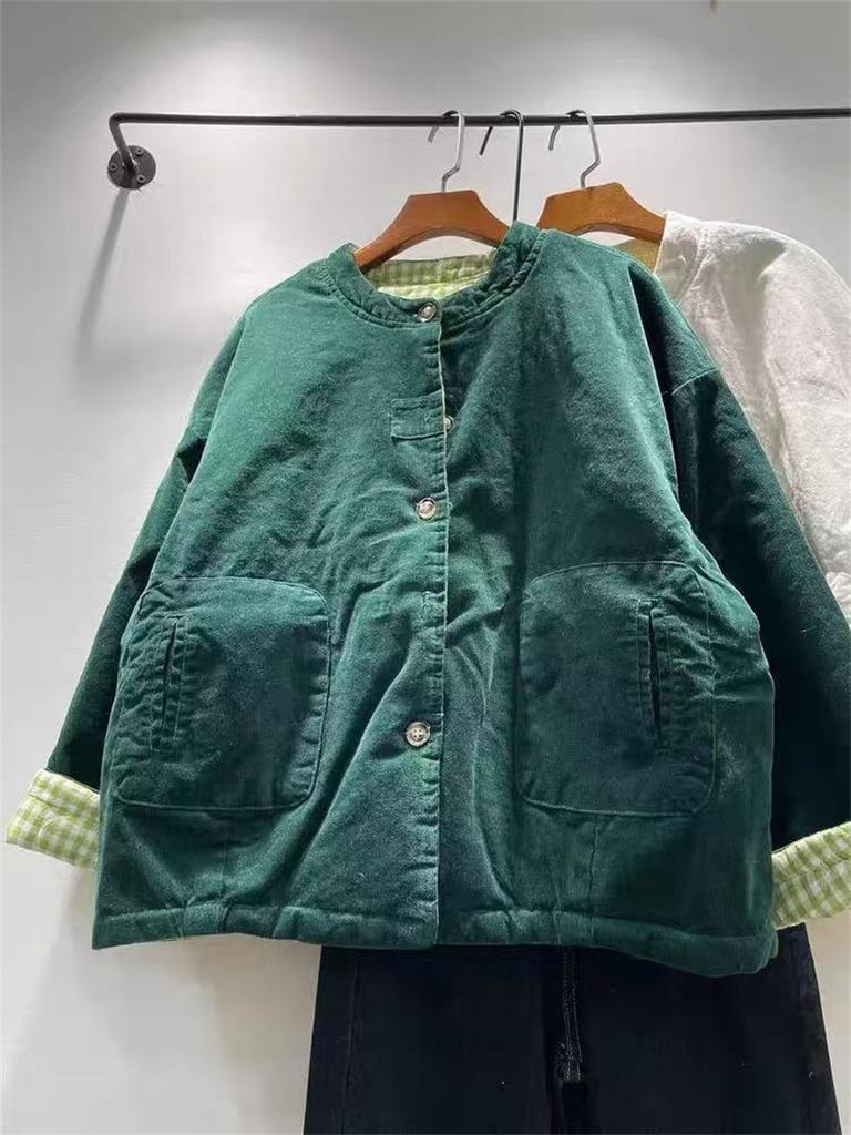 Johnature Winter Retro Corduroy Jacket Reversible Warm Women Loose Cotton Casual Patchwork Coats