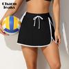 Women High Waist Drawstring Color Block Swim Skirt with Pockets Tankini Bikini Bottom Beach Wear