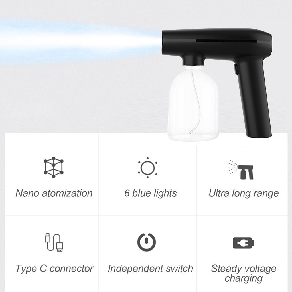 Пистолет для дезинфекции помещений и улицы, ручной беспроводной портативный перезаряжаемый нано-распылитель с синим светом
