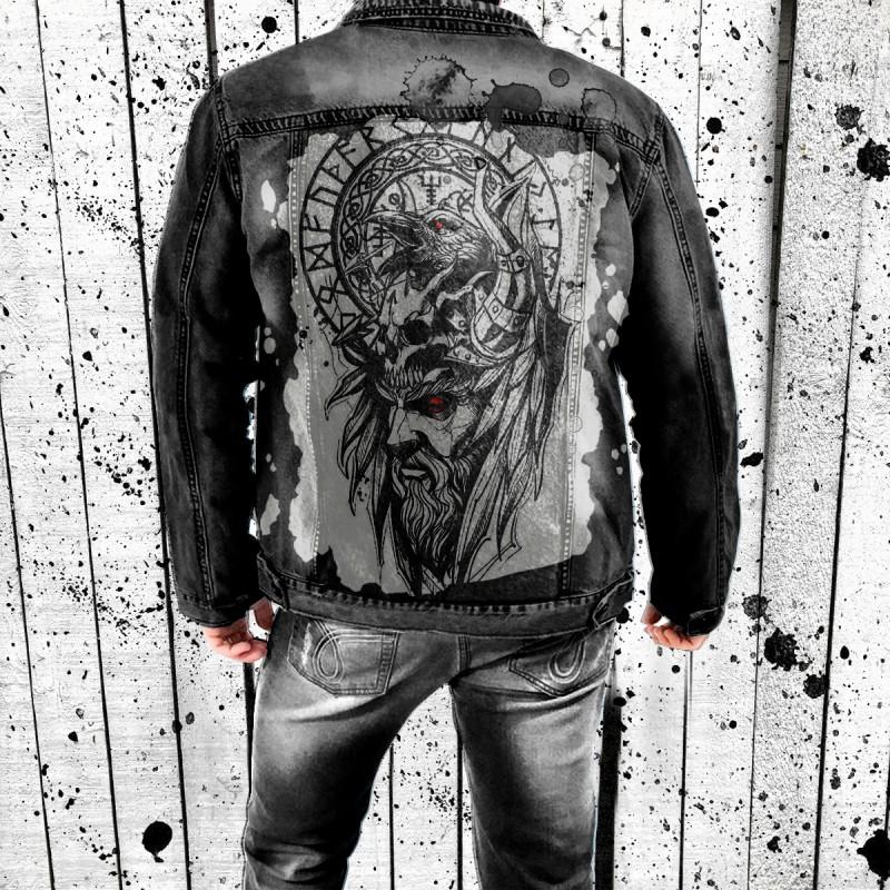 Vintage Viking Print Denim Jacket Men Regular Fit Winter Casual Wear