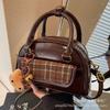 Retro Hand Carry Plaid Small Bag Women's 2025 New Trendy Fashion Mini Bowling Bag Autumn Texture Messenger Bag