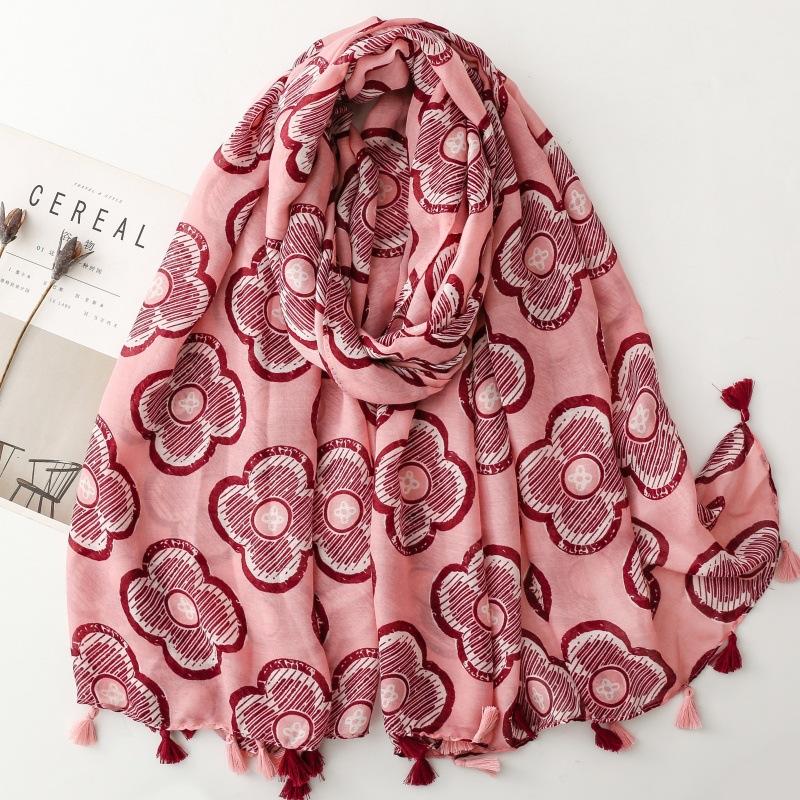 Viscose Scarf Women Shawl Cotton Linen Feeling Tassels Four-Leaf Clover Pattern Muslim Hijab Wrap Summer Beach Sunscreen