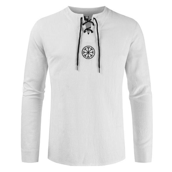 Medieval Men's Old-fashioned Tops Vintage Linen Shirt Ancient Viking Embroidery Retro Cosplay Costume Plus Size Long Sleeve T-shirt
