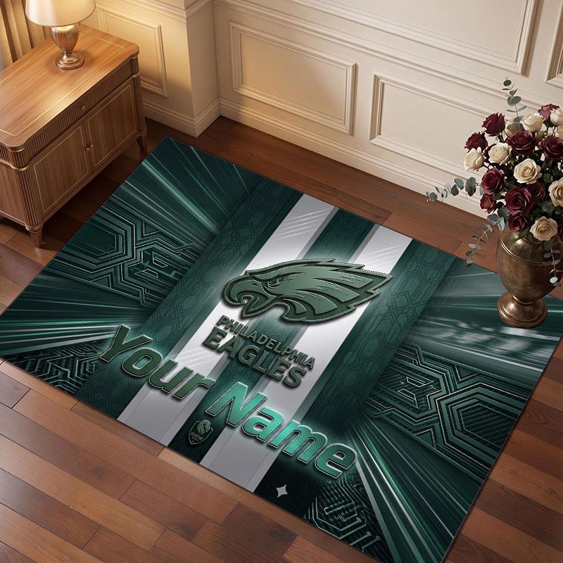 Персонализированный ковер из кристаллического велюра Philadelphia Eagles, Мягкий противоскользящий ковер с индивидуальным текстовым именем для гостиной, спальни