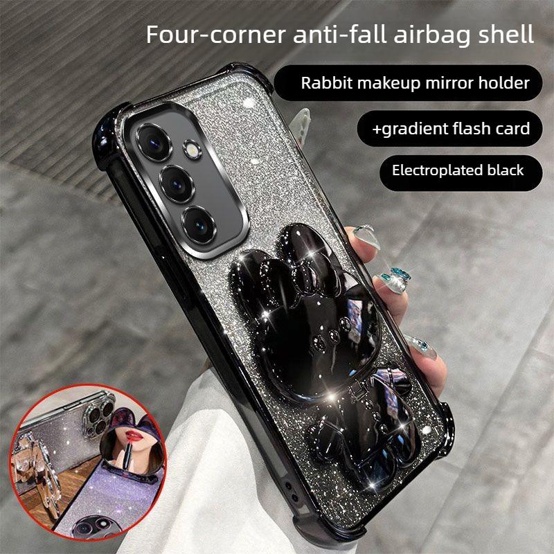Чехол-подставка с блестками и зеркалом в виде кролика для Samusng Galaxy A57 A37 A17 A07 A56 A36 A26 A16 A55 A35, четырехсторонний мягкий чехол