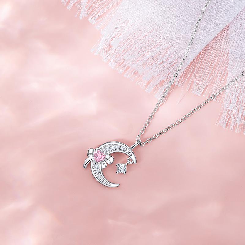 Ожерелье с сердцем и луной, женское, легкое, роскошное, нишевое, розовое, с бантом, из нержавеющей стали, с ключицей