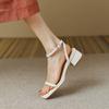 Women Genuine Cow Leather Square Toe Ankle Buckle Strap Retro Summer Mid Heel Ladies Pump Shoes
