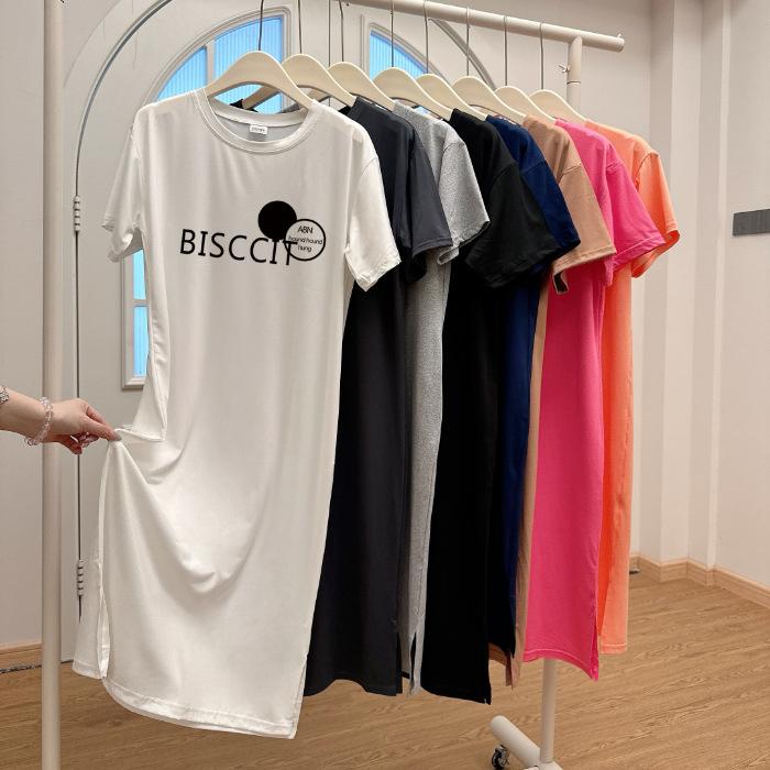 Платье-футболка длиной до колена, Свободный, Повседневный и Непринужденный стиль, Прямая юбка, Платье с круглым вырезом, двойным разрезом и короткими рукавами для женщин на лето