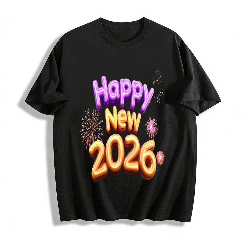 С Новым 2026 годом Печатный повседневный свободный топ для мужчин женщин Чисто хлопковая футболка