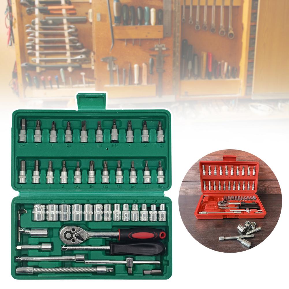 46pcs 1/4 Inch Ratchet Socket Repair Wrench Set Drive Socket Ratchet Wrench Combination Tools Kit For Car Repair