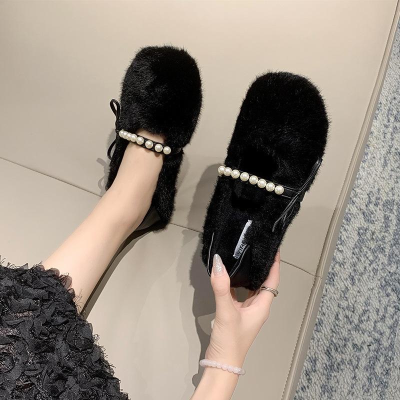 Mao Mao shoes women's autumn and winter velvet pearl non-slip bow Doudou shoes warm women's cotton shoes