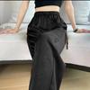 Women Casual Pants Elastic High Waist Adjustable Drawstring Straight Wide Leg Pants with Pockets Solid Color Ice Silk Cool Trousers