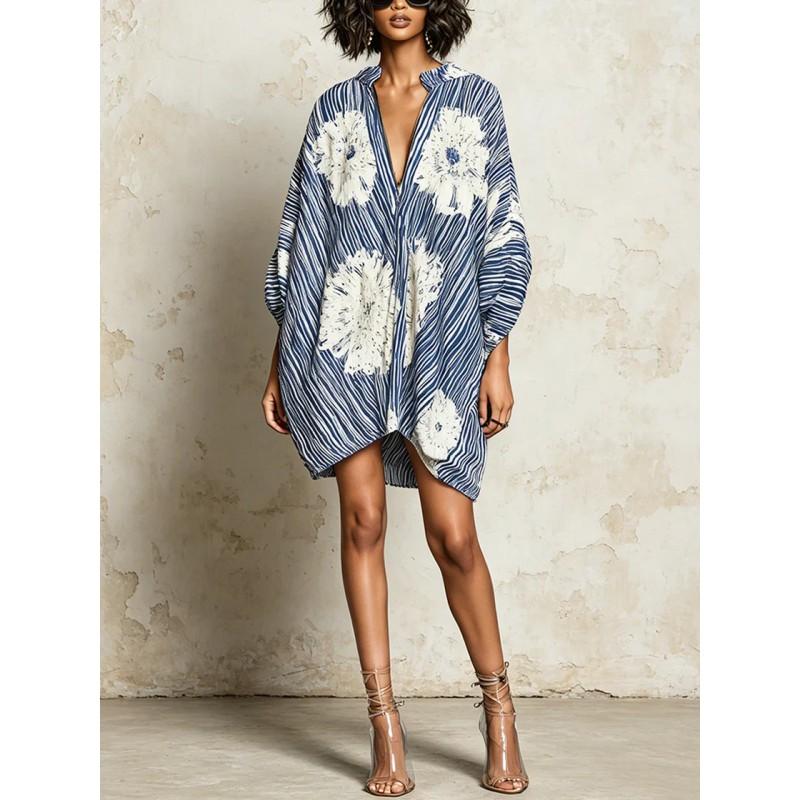 2026 Womens Loose V-Neck Batwing Sleeve Printed Midi Dress Casual Elegant Style