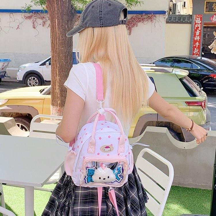 Grid Star Transparent Puppy Cartoon Girl Backpack For Student And Casual Wear