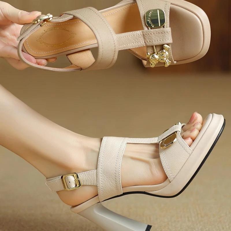 Fashion Women's Fashion Sandals Metal Decoration One-line Buckle Square Heel Shoes Women Dress 2025 French Square Toe Sandalias De Mujer