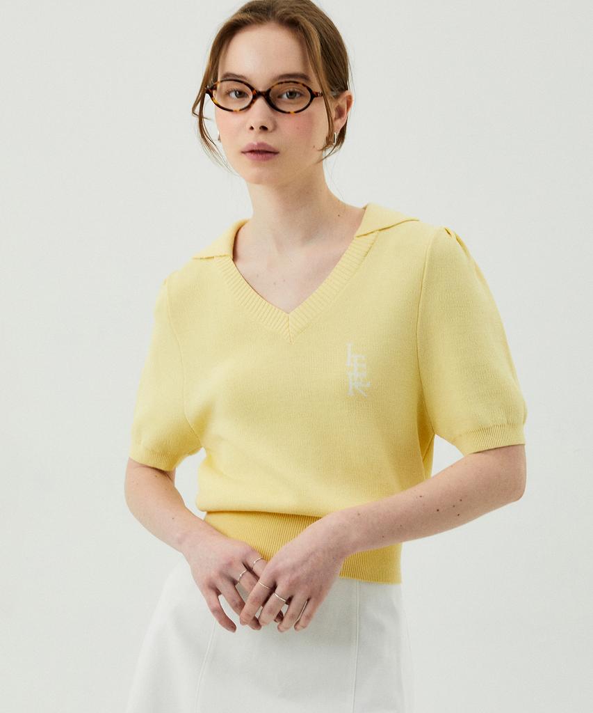 ITER Jacquard Collar V-Neck Half Knit_Lemon