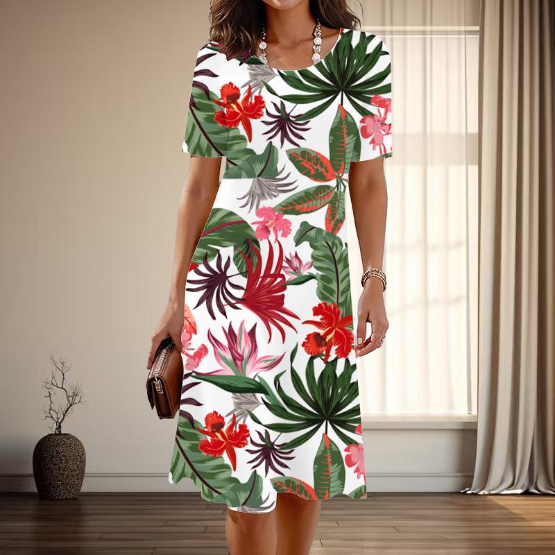 Women's Fashion Graceful Flower Design Print Summer Spring Short Sleeve O-Neck Casual Dresses