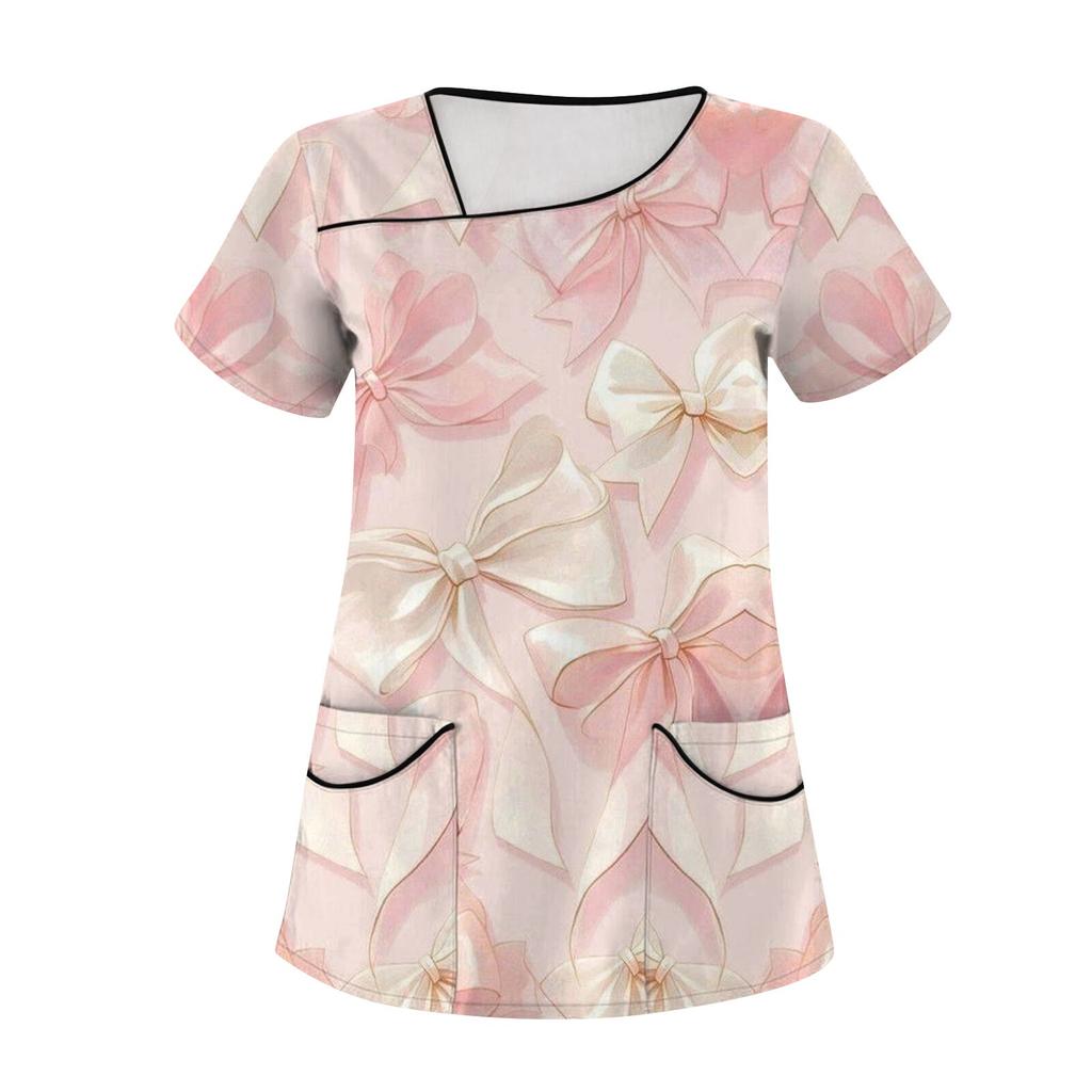 Женская мода с бантом и принтом, короткий рукав, рабочая одежда с двойными карманами