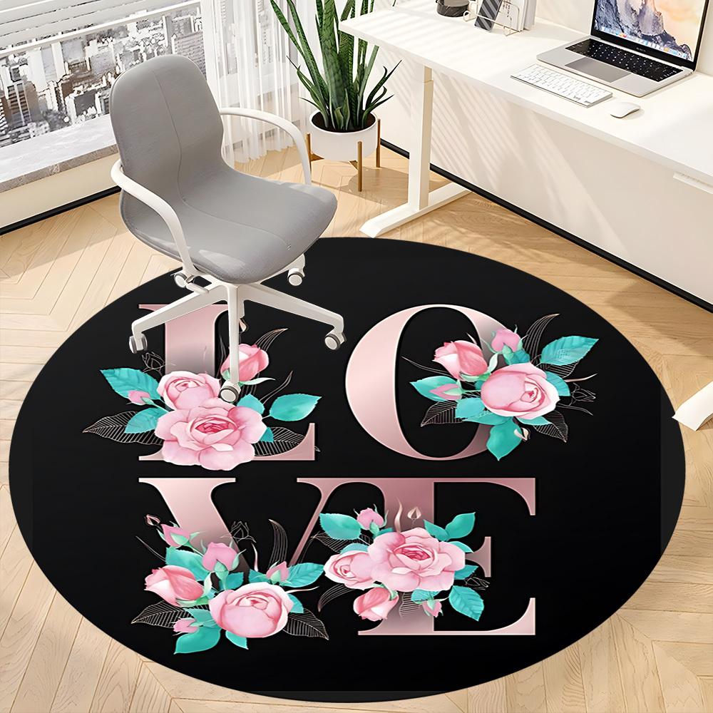 1pc Floral Love Print Chair Carpet for Office, Round Polyester Mat, Indoor Decor for Office, Washable Non-slip Carpet yy251219131