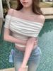 2024 Летняя Сексуальная Футболка с Открытыми Плечами в Рубчик для Женщин