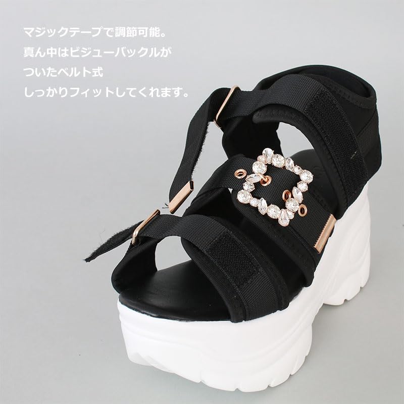 Туфли с пряжкой-драгоценностью, на липучке, с толстой подошвой 9 см, подошва кроссовок, спортивные сандалии, задний ремешок, удобные для ходьбы, высокотехнологичные, папины, аккуратные, простые, корейские, черно-белые, M [Room Nine]