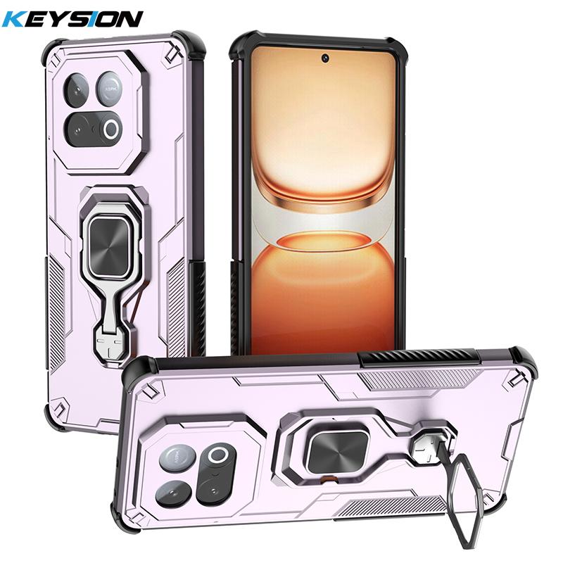 KEYSION Противоударный бронированный чехол для IQOO Z10 Turbo 5G Силикон+ПК Вертикальная металлическая подставка-кольцо для телефона для IQOO Z10 Turbo Pro