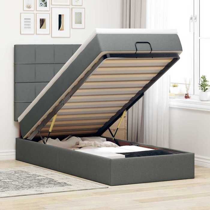 Cadre de lit avec matelas - 80x200 cm - Gris foncé - Rangement sous le lit - Mécanisme de levage hydraulique