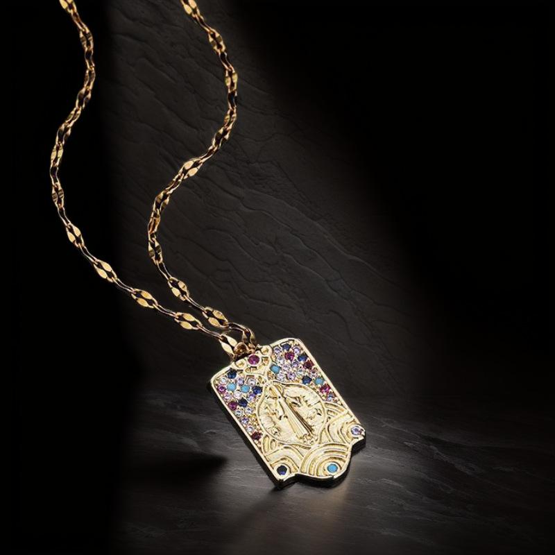 Vintage Titanium Steel Sacred Religious Accessories Necklace Women'S Micro Inlaid Colored Zircon Pendant Jewelry