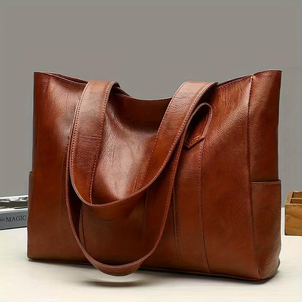 (Brown) Retro Vegan Tote Bag - Large Capacity Shoulder Bag