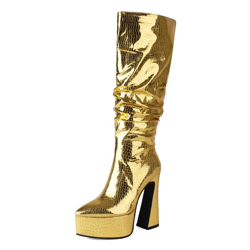 Gold Pleated Knee High Platform Boots Women Chunky Heels Sexy Silver White Croc Party Club Ladies Zipper Pointed Toe Long Boots