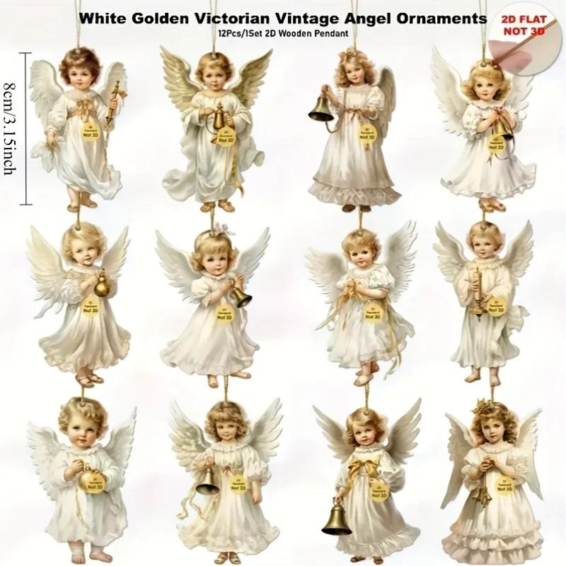 36pcs Artificial Wood Hanging Ornaments Vintage Christmas Angel Wooden Pendants for Holiday Home Outdoor Decor