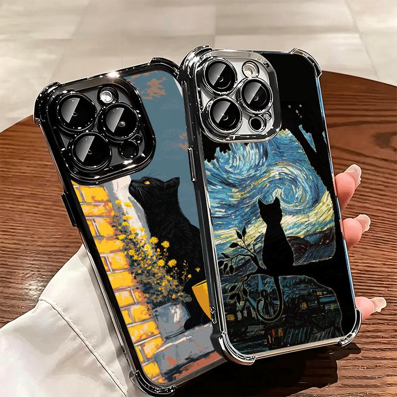 Черный кот Эстетичный узор Покрытие Чехол для телефона Для iPhone 16 17 Pro Max Air 16E 14 15 Plus 12 13 Mini Противоударный Чехол с подушкой безопасности