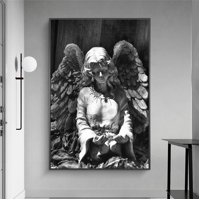 Black And White Angel Statue Canvas Wall Art Posters And Prints Angel Wings Sculpture Picture On Wall Painting For Living Room
