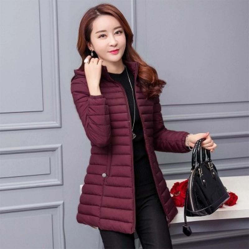 Womens Mid-Length Slim Fit Cotton-Padded Coat With Hood Lightweight Warm Winter Jacket Daily Wear