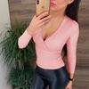 Women's Sexy V Neck Long Sleeve Ribbed Knitted Sweater Slim Knit Top Blouse Casual Pullover Sweater