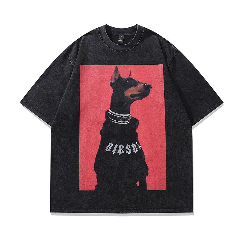 Винтажная футболка унисекс с круглым вырезом TKPA Doberman – Вываренная, Ретро уличный стиль, Свободный крой, Уличная одежда с коротким рукавом