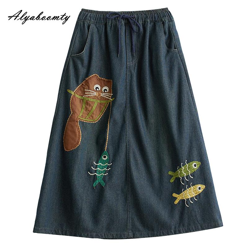 Mori Girl весна-лето женская миди синяя джинсовая юбка с высокой талией вышитая сова рыба пэчворк юбка элегантные женственные женские юбки женские