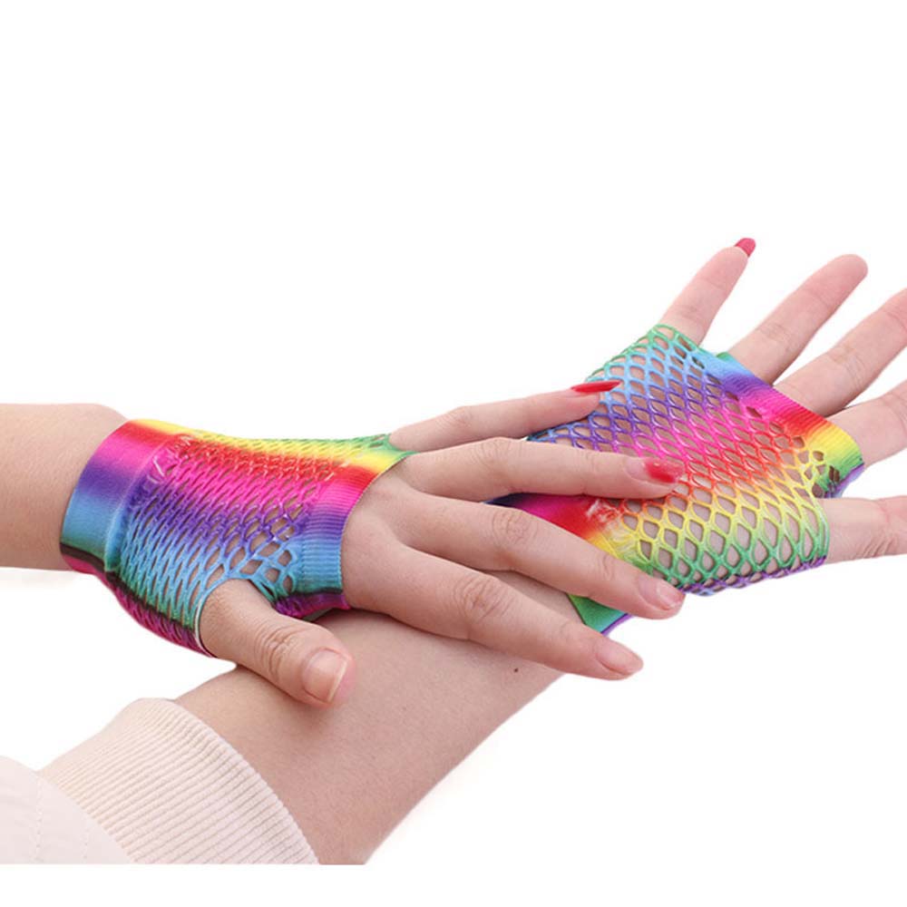 Party For Women Girl Long Half Finger Nylon Rainbow Color Gloves Fishing Net Gloves Arm Sleeves