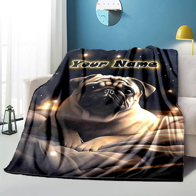 1PC Custom Name "Starry Night Pug Dreams" flannel blanket versatile,all-season throw suitable for the living room,bedroom,camping,travel,and gift