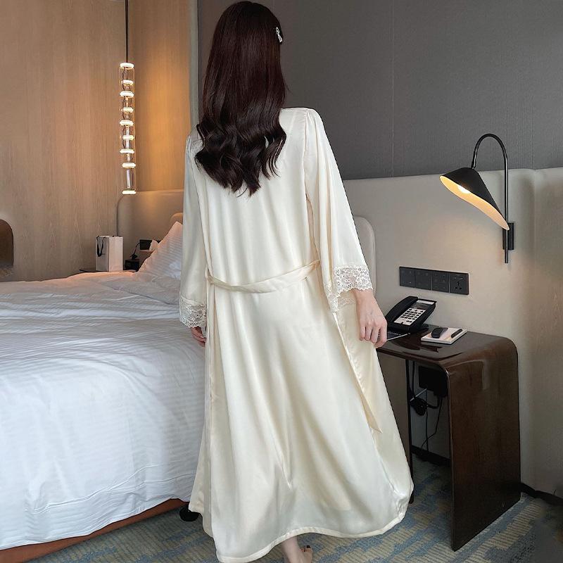 Pure personality pajamas lace solid color suspender skirt thin belt morning robe robe with chest pad chain long loungewear