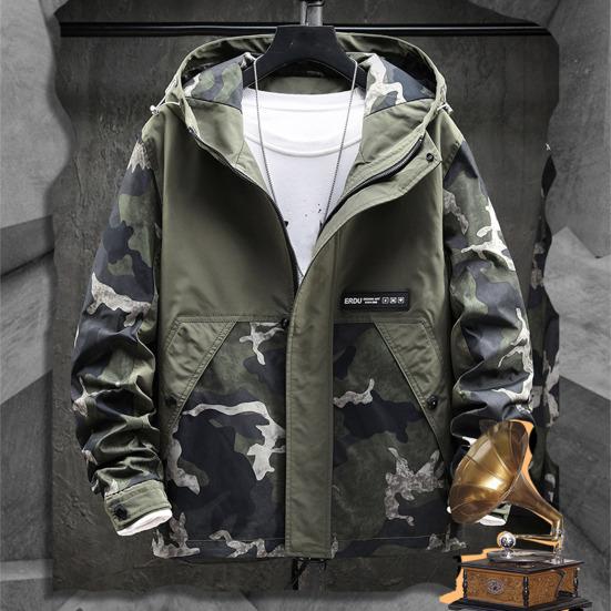 Men Hoodie Jacket Camouflage Patchwork Loose Windbreaker Spring Autumn Washable Zipper Outwear Streetwear