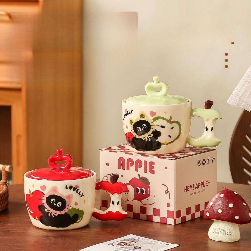 Cartoon Cat Apple Mug High Looking Ceramic Cup with Lid Souvenir for Girls Couple Home Water Cup with Lid