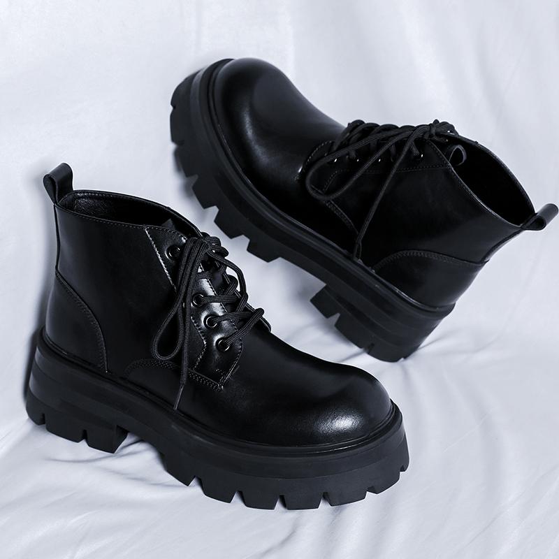 Ботильоны на толстой подошве для мужчин, круглые носки, черные, на шнуровке, мужские мотоциклетные ботинки, новый тренд, кожа, высокие каблуки, мужская обувь, высокий верх