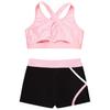Детский укороченный топ без рукавов с U-образным вырезом для девочек, перекрещивающийся сзади и эластичные шорты в полоску с заниженной талией для бега в тренажерном зале