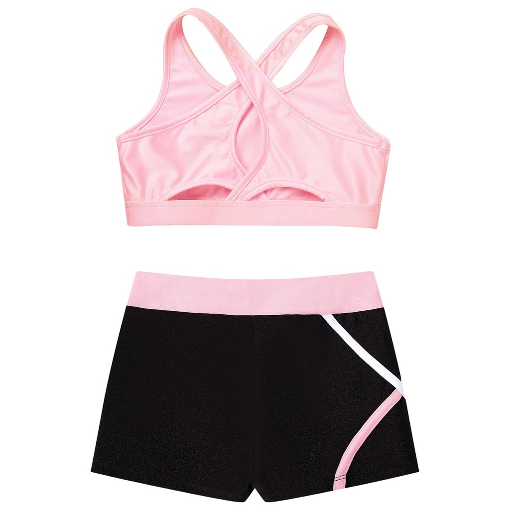 Детский укороченный топ без рукавов с U-образным вырезом для девочек, перекрещивающийся сзади и эластичные шорты в полоску с заниженной талией для бега в тренажерном зале